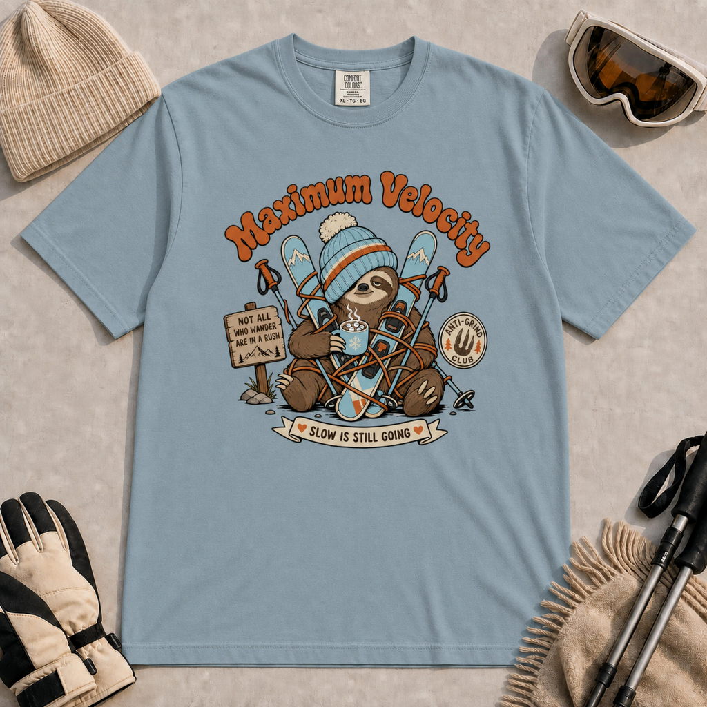Ice blue t-shirt featuring a relaxed sloth bundled in ski gear with skis and poles, holding a warm drink beneath the phrase “Maximum Velocity,” with “Slow Is Still Going” below.