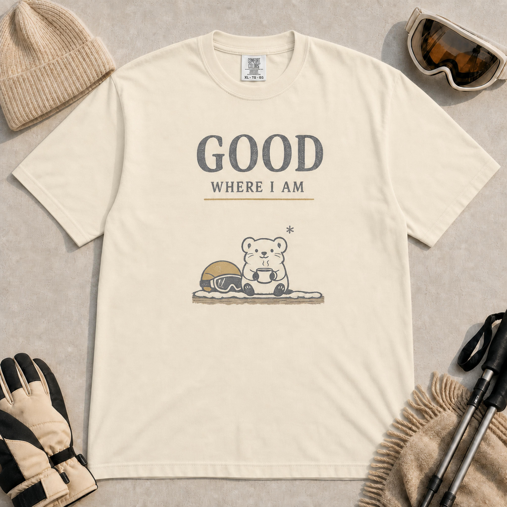 Ivory tee featuring a small polar bear holding a warm mug beside ski goggles, with the phrase “Good Where I Am.”