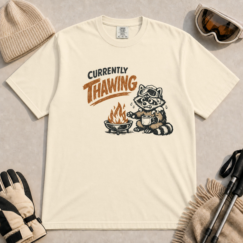 Ivory tee featuring a shivering raccoon warming beside a campfire with a mug and the text “Currently Thawing.”