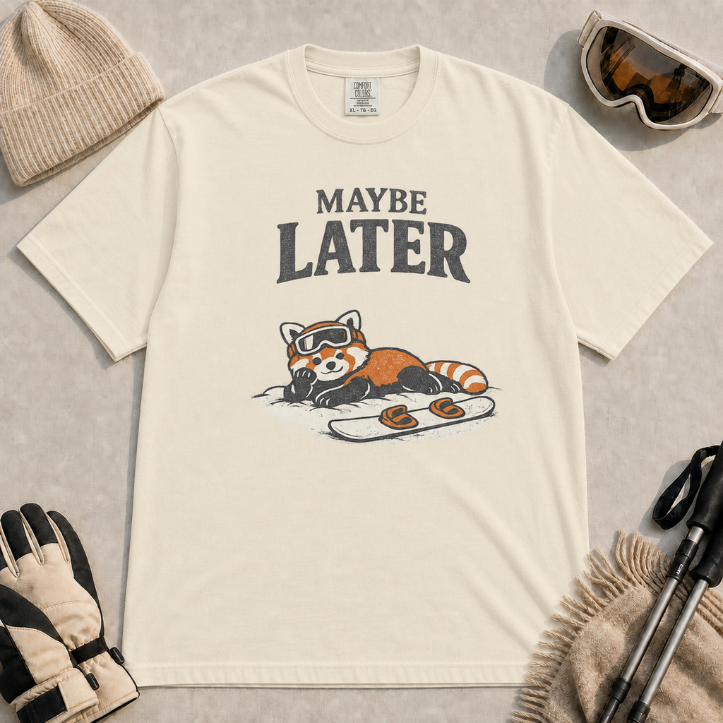 Ivory t-shirt featuring a relaxed red panda lying in the snow beside a snowboard, wearing ski goggles beneath the phrase “Maybe Later.”