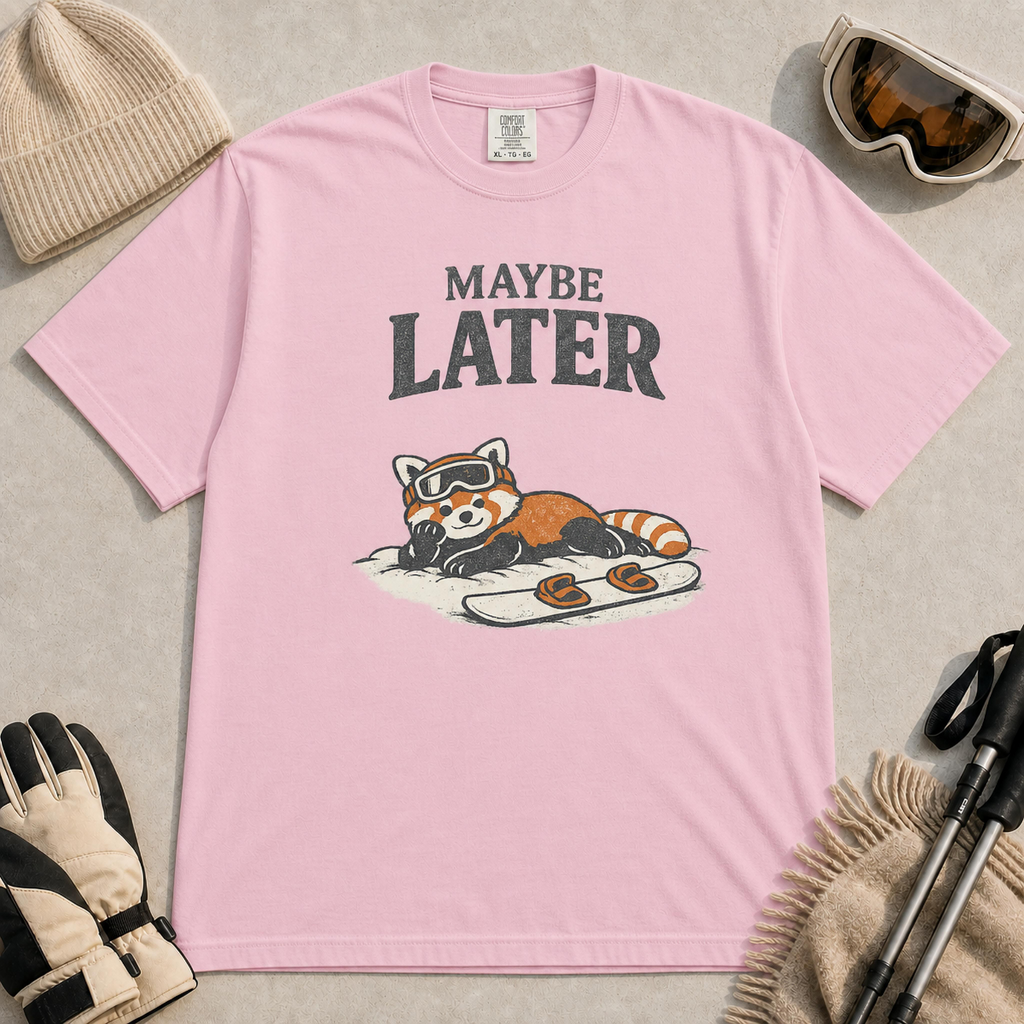 Blossom t-shirt featuring a relaxed red panda lying in the snow beside a snowboard, wearing ski goggles beneath the phrase “Maybe Later.”