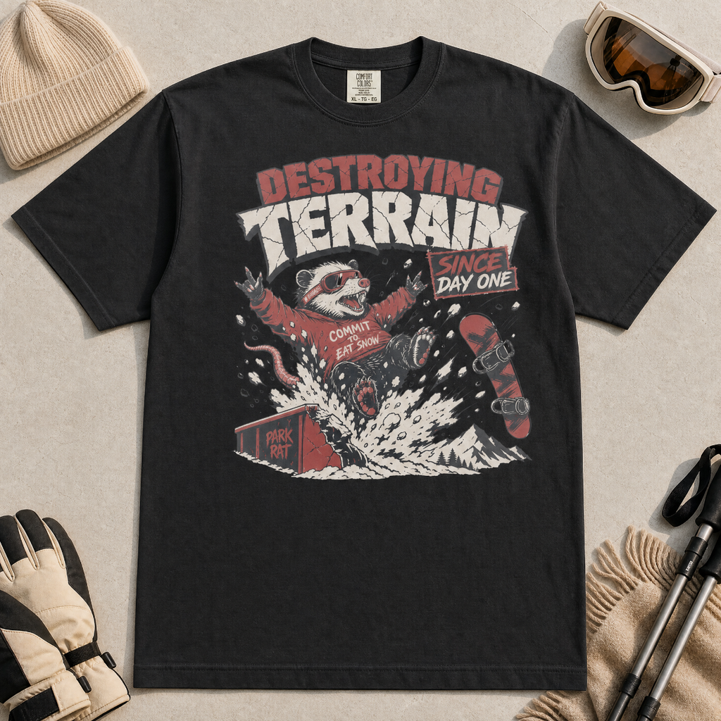 Black t-shirt with a graphic of a snowboarding possum and text on a red background