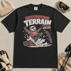 Black t-shirt with a graphic of a snowboarding possum and text on a red background