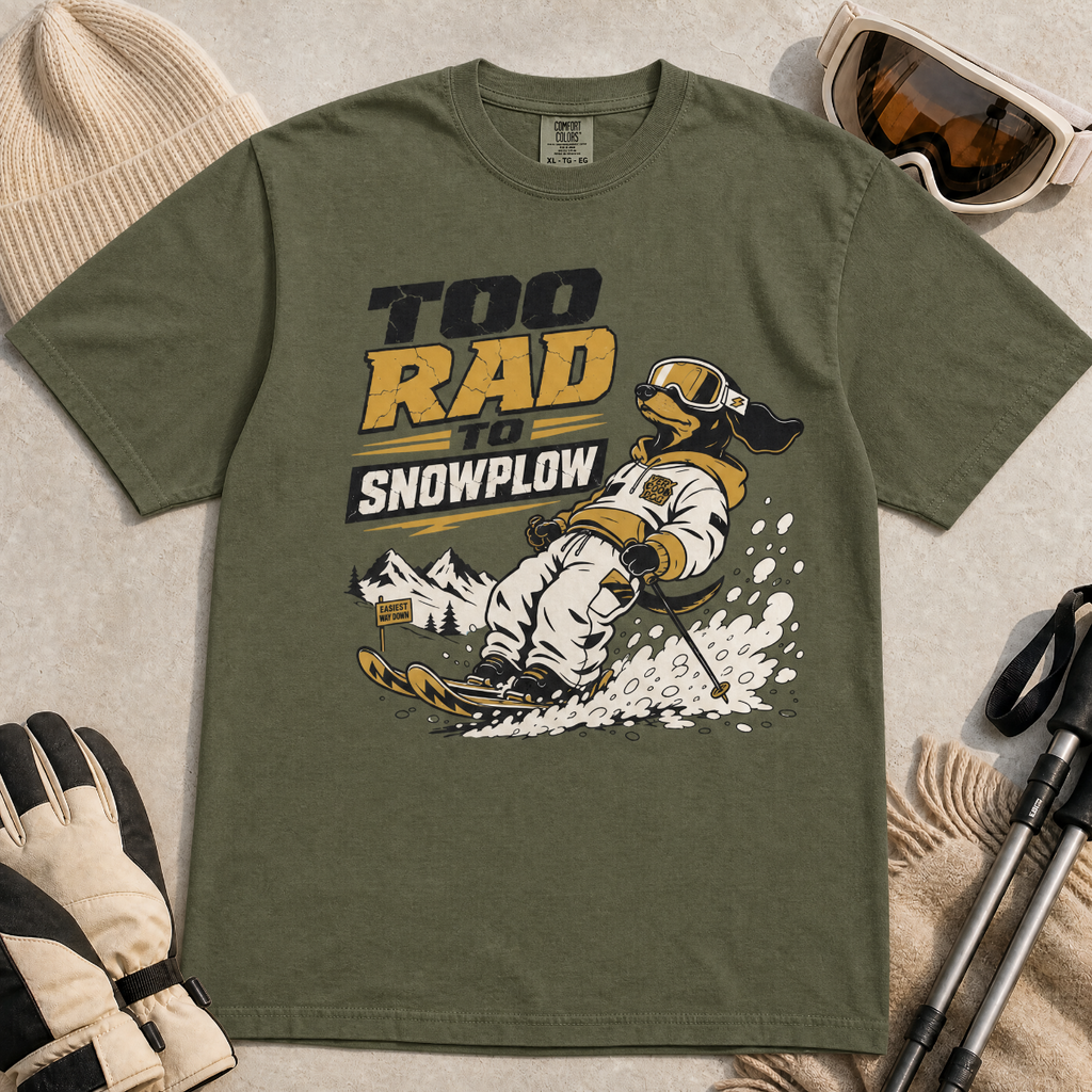 Hemp green t-shirt with snowplowing graphic and text 'Too Rad to Snowplow' on a light background.
