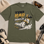 Hemp green t-shirt with snowplowing graphic and text 'Too Rad to Snowplow' on a light background.