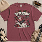 Brick red t-shirt with a graphic of a snowboarding possum and text on a red background