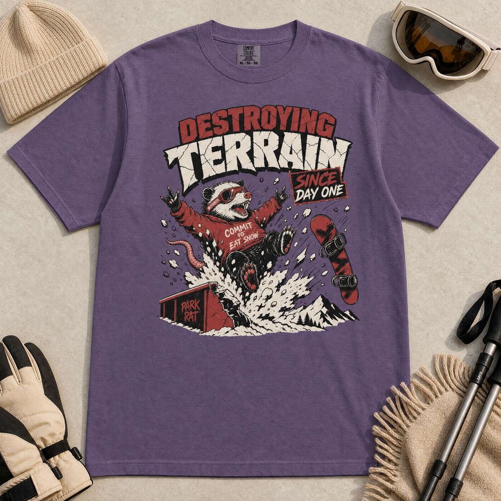 Grape purple t-shirt with a graphic of a snowboarding possum and text on a red background