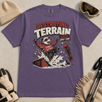 Grape purple t-shirt with a graphic of a snowboarding possum and text on a red background