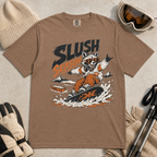 Espresso brown colored t-shirt with a graphic of a raccoon snowboarding and 'Slush Season' text, surrounded by winter accessories.