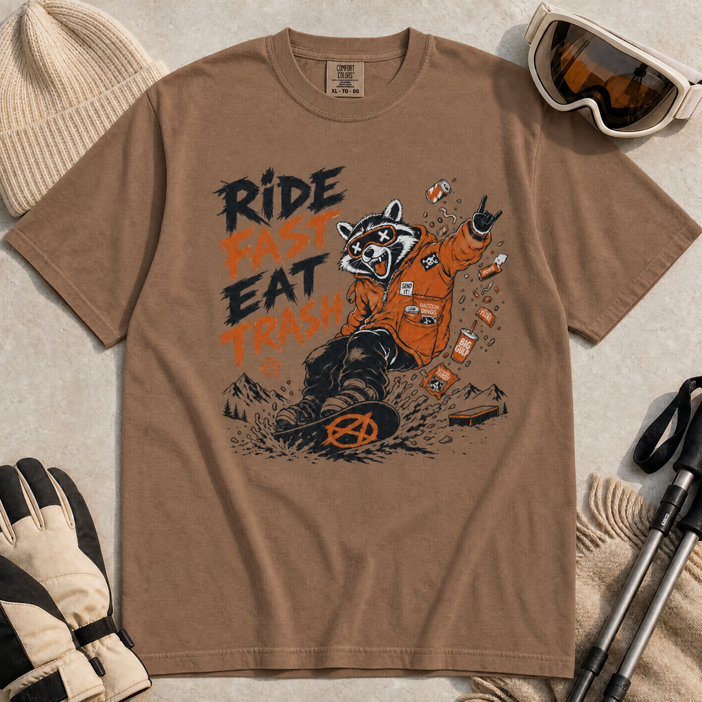 Espresso brown t-shirt with a graphic of a raccoon in an orange jacket and text 'Ride Fast Eat Trash' on a beige surface.