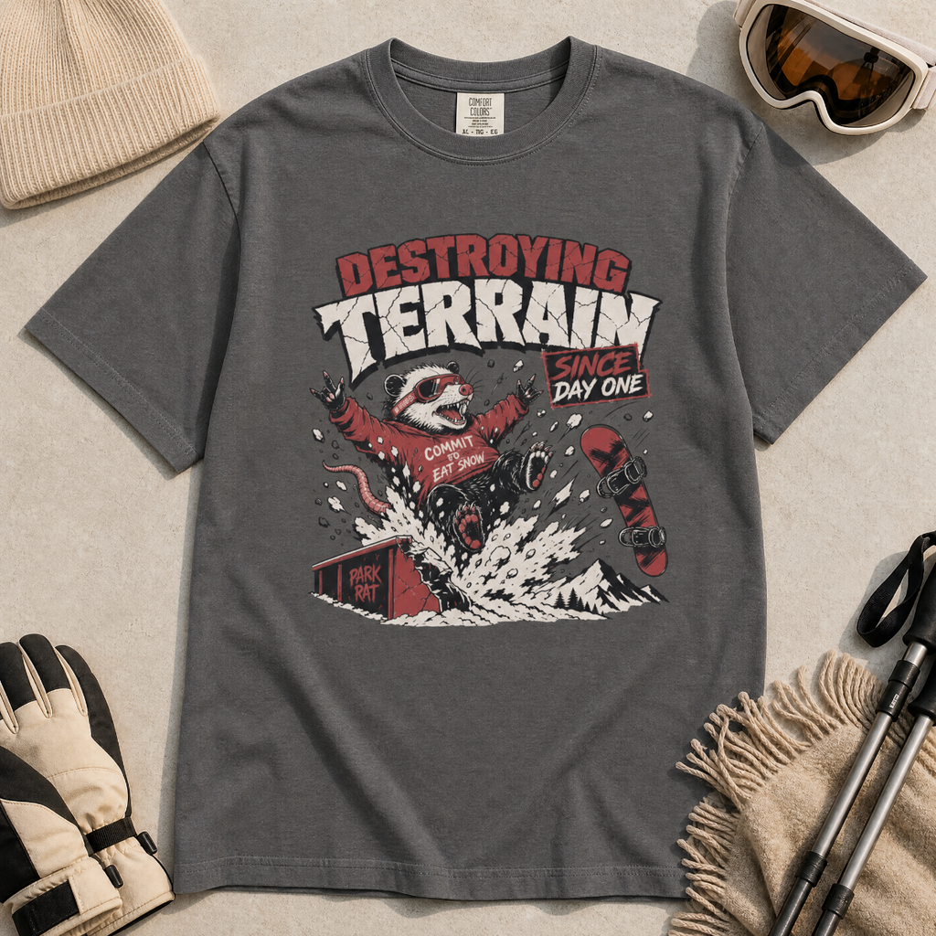Pepper gray t-shirt with a graphic of a snowboarding possum and text on a red background
