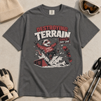 Pepper gray t-shirt with a graphic of a snowboarding possum and text on a red background