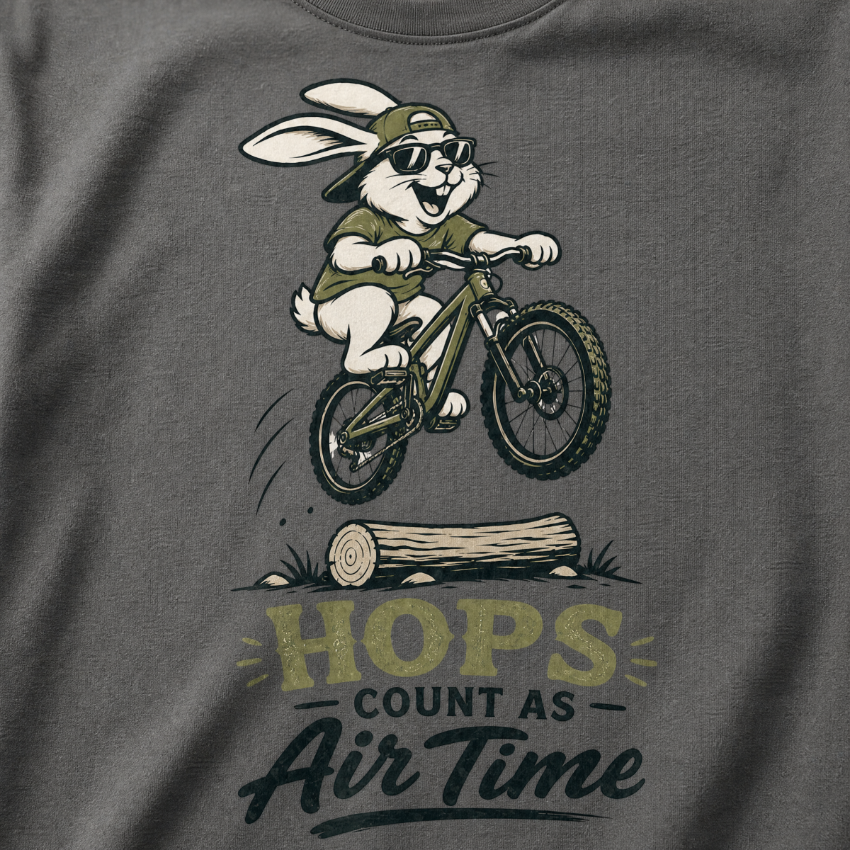 Pepper gray t-shirt with a graphic of a rabbit riding a bike and text 'HOPS COUNT AS AIR TIME'.