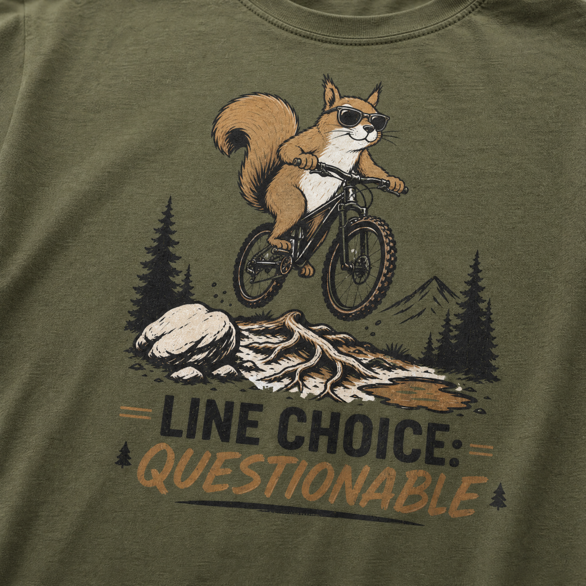 Hemp green t-shirt with a graphic of a squirrel on a bike and text 'Line Choice: Questionable'.