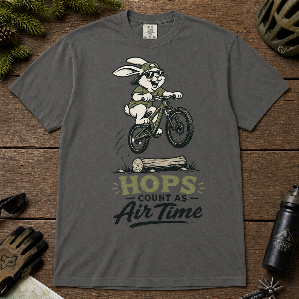 Pepper gray t-shirt with a graphic of a rabbit riding a bike and text 'HOPS COUNT AS AIR TIME'.