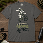 Pepper gray t-shirt with a graphic of a rabbit riding a bike and text 'HOPS COUNT AS AIR TIME'.