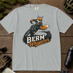 Granite gray t-shirt with a graphic of a fox riding a bike and ' Berm Whisperer'.