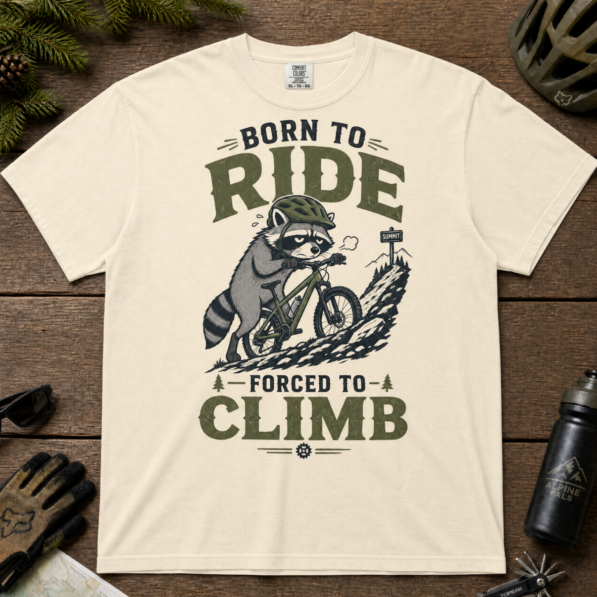Ivory white t-shirt with a graphic of a raccoon riding a bike and text 'Born to Ride, Forced to Climb'.