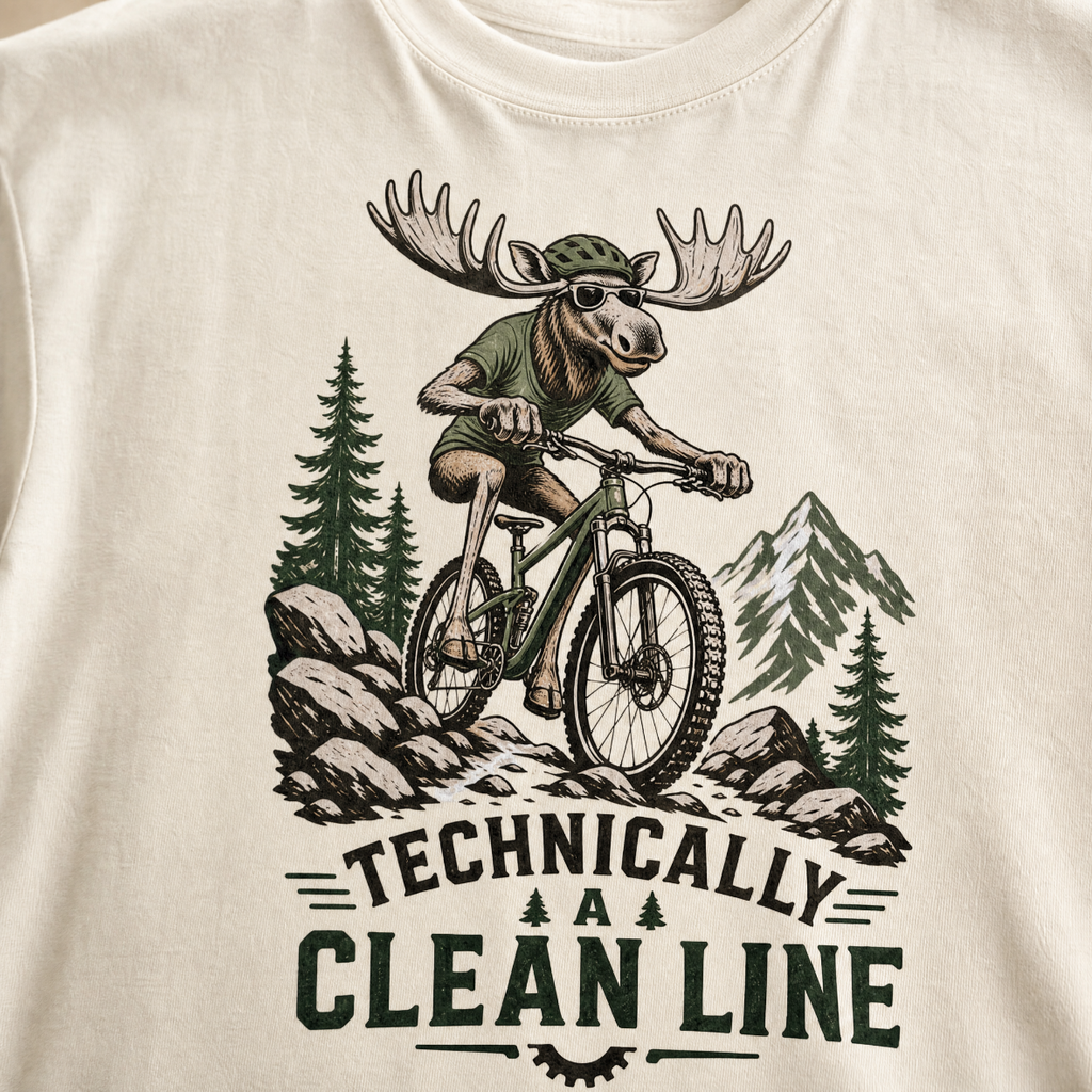 Ivory white t-shirt with a graphic of a moose riding a bike and text 'Technically A Clean Line'.