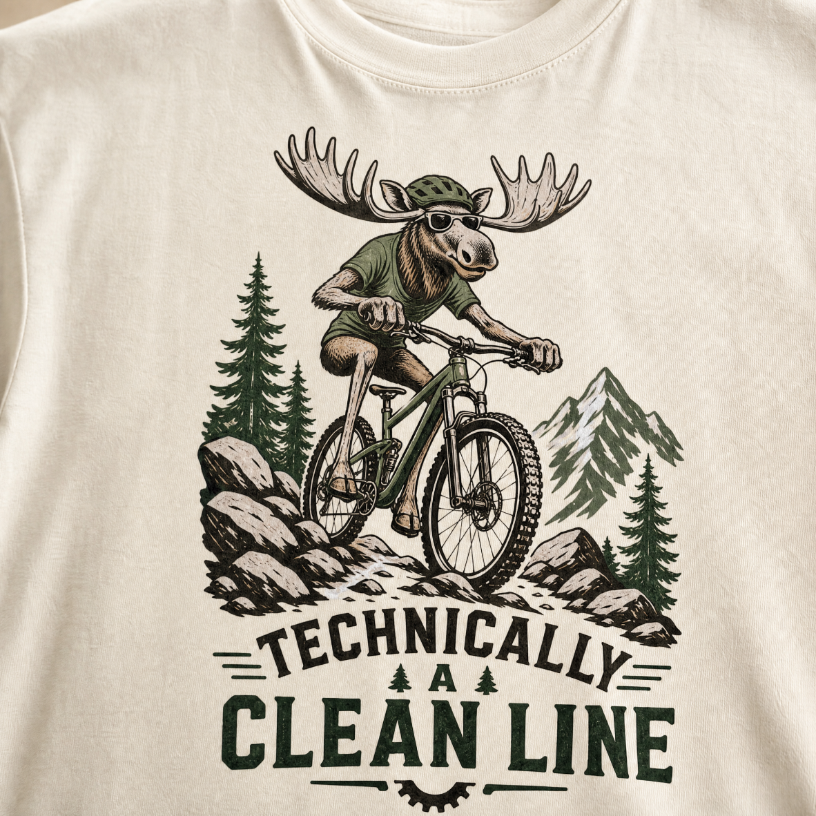 Ivory white t-shirt with a graphic of a moose riding a bike and text 'Technically A Clean Line'.