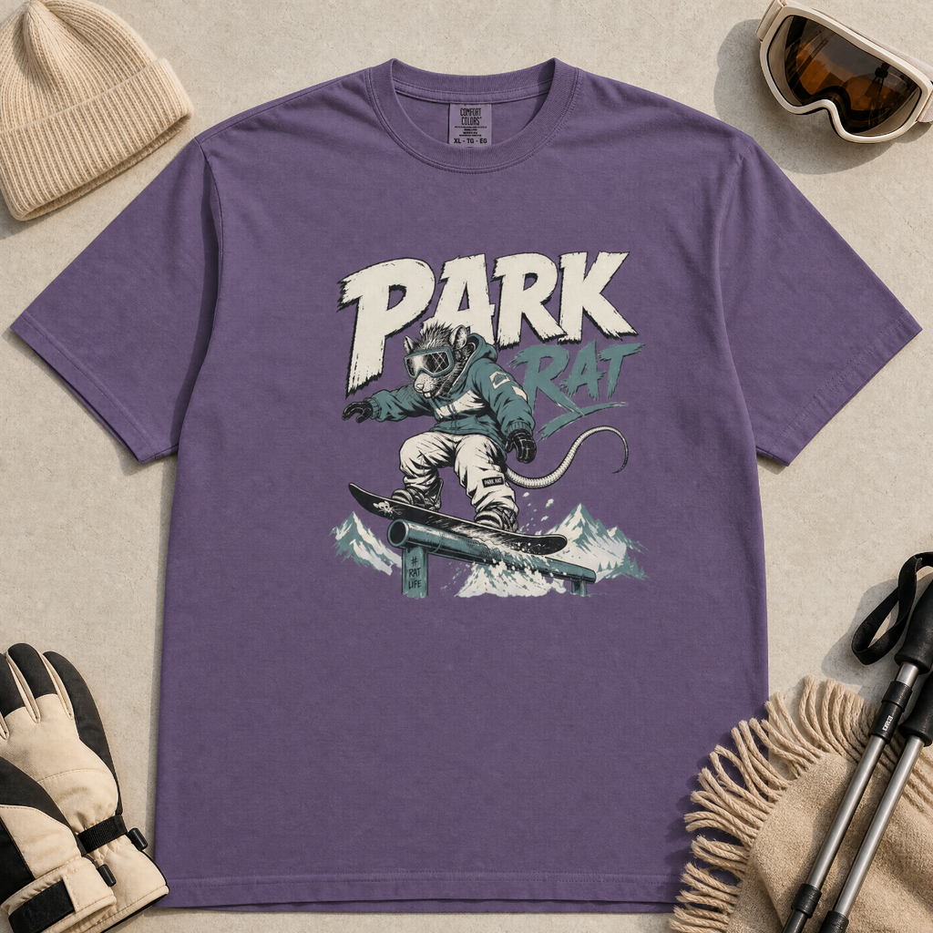 Grape purple t-shirt with graphic of a rat snowboarding and 'Park Rat' text.