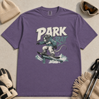 Grape purple t-shirt with graphic of a rat snowboarding and 'Park Rat' text.