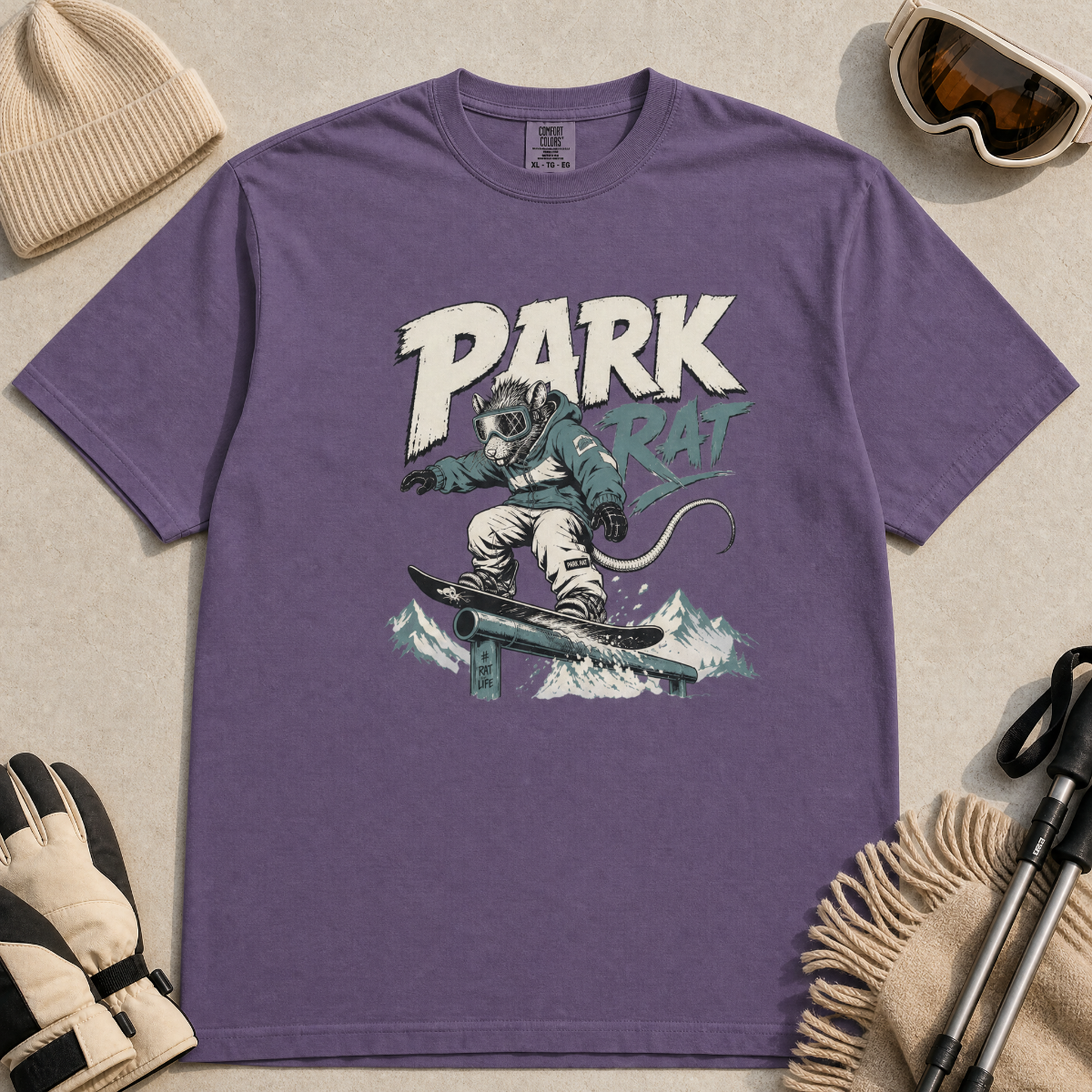Grape purple t-shirt with graphic of a rat snowboarding and 'Park Rat' text.