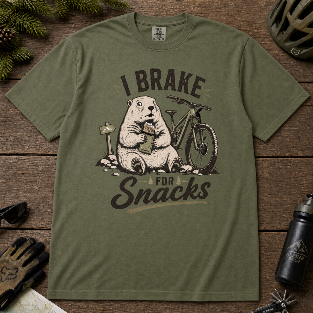 Hemp green t-shirt with a marmot graphic and text 'I Brake for Snacks'.