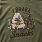 Hemp green t-shirt with a marmot graphic and text 'I Brake for Snacks'.