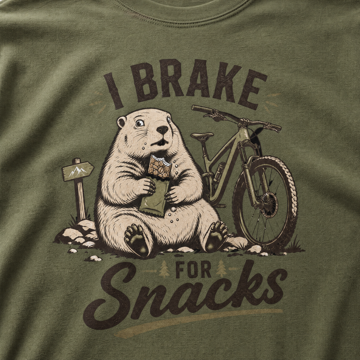 Hemp green t-shirt with a marmot graphic and text 'I Brake for Snacks'.