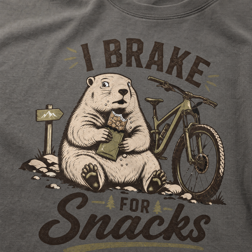 Pepper gray t-shirt with a marmot graphic and text 'I Brake for Snacks'.