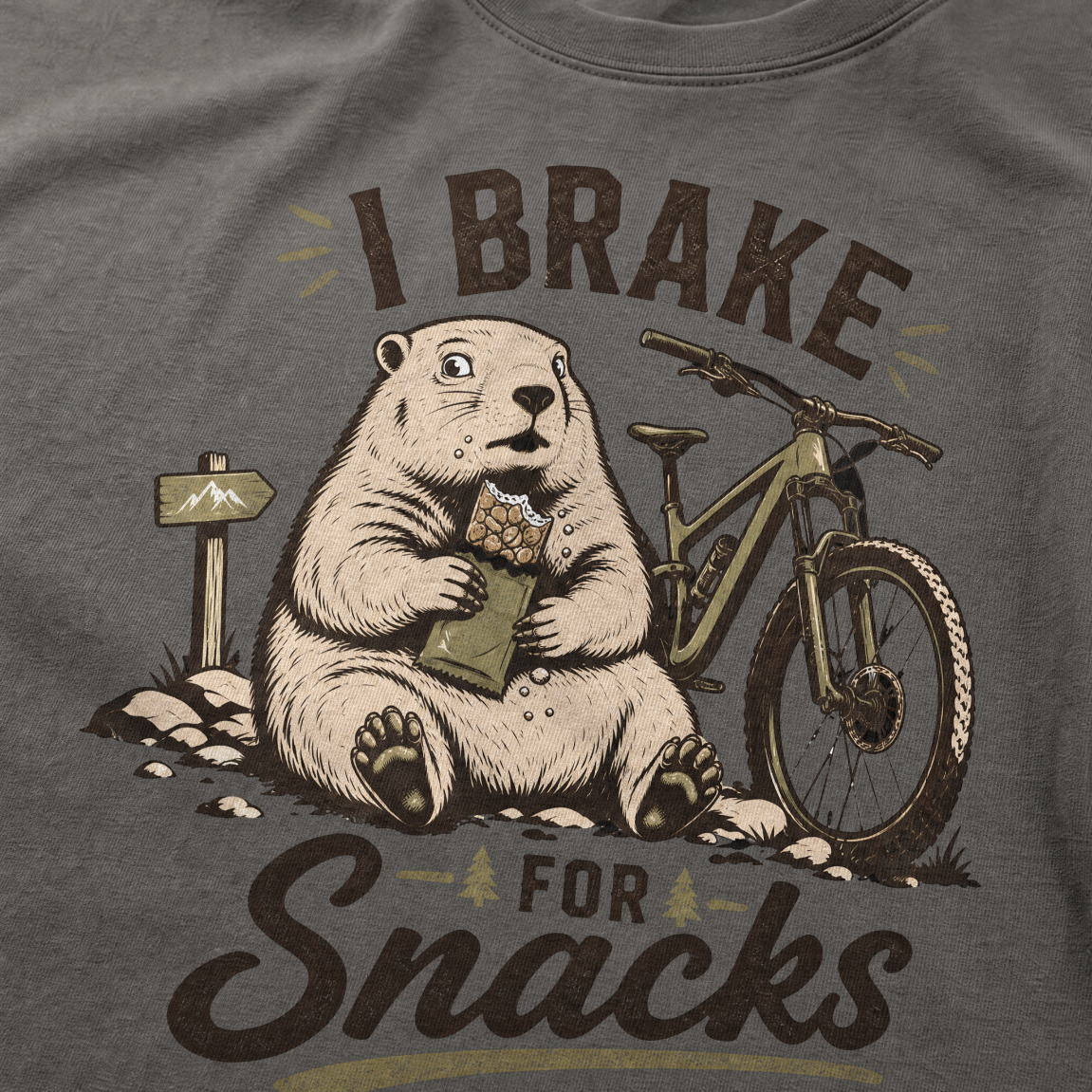 Pepper gray t-shirt with a marmot graphic and text 'I Brake for Snacks'.