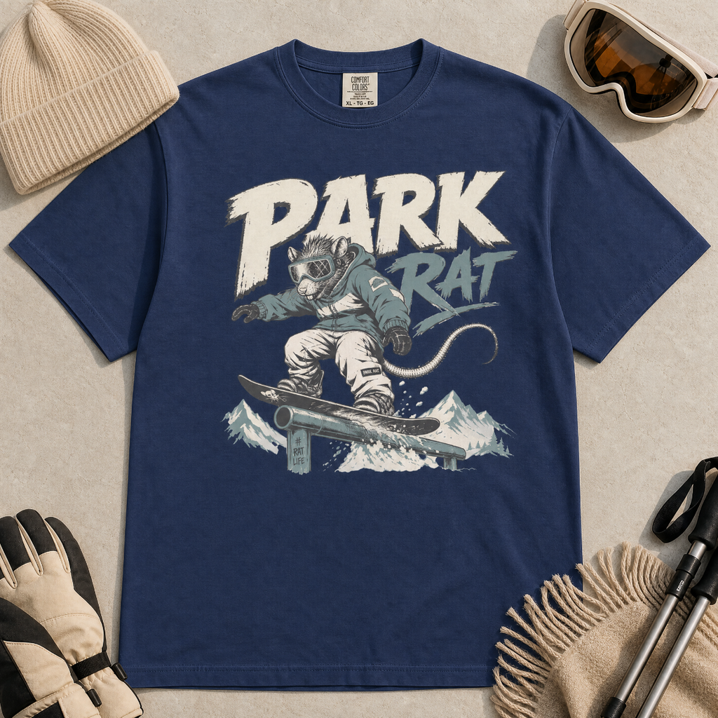 Navy blue t-shirt with 'Park Rat' graphic design on a beige surface with accessories.