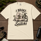 Ivory white t-shirt with a marmot graphic and text 'I Brake for Snacks'.