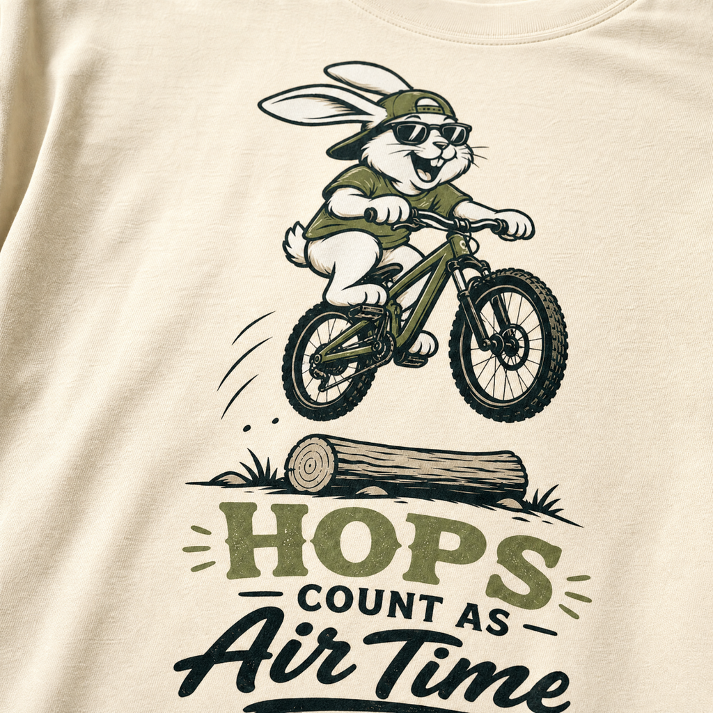 Ivory white t-shirt with a graphic of a rabbit riding a bike and text 'HOPS COUNT AS AIR TIME'.