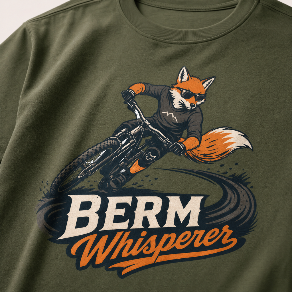 Hemp green t-shirt with a graphic of a fox riding a bike and ' Berm Whisperer'.