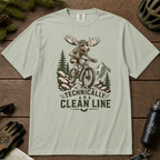 Bay green t-shirt with a graphic of a moose riding a bike and mountains, featuring the text 'Technically A Clean Line'.