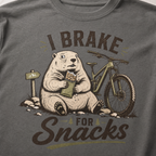 Pepper gray t-shirt with 'I Brake For Snacks' text and a marmot eating a bar with a mountain bike on the side.