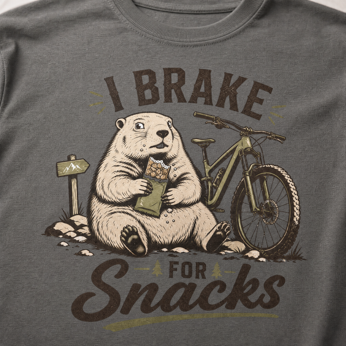 Pepper gray t-shirt with 'I Brake For Snacks' text and a marmot eating a bar with a mountain bike on the side.