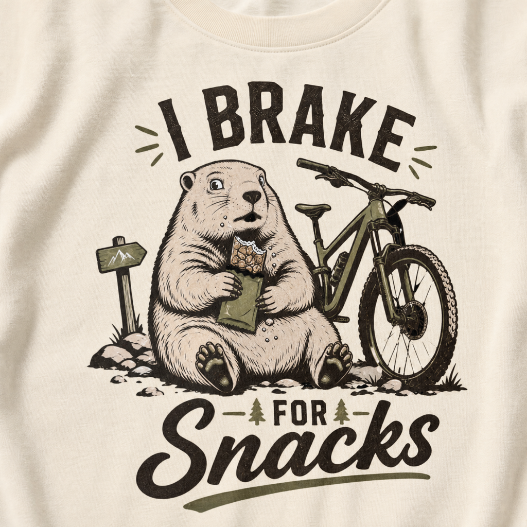 Ivory white t-shirt with a marmot graphic and text 'I Brake for Snacks'.