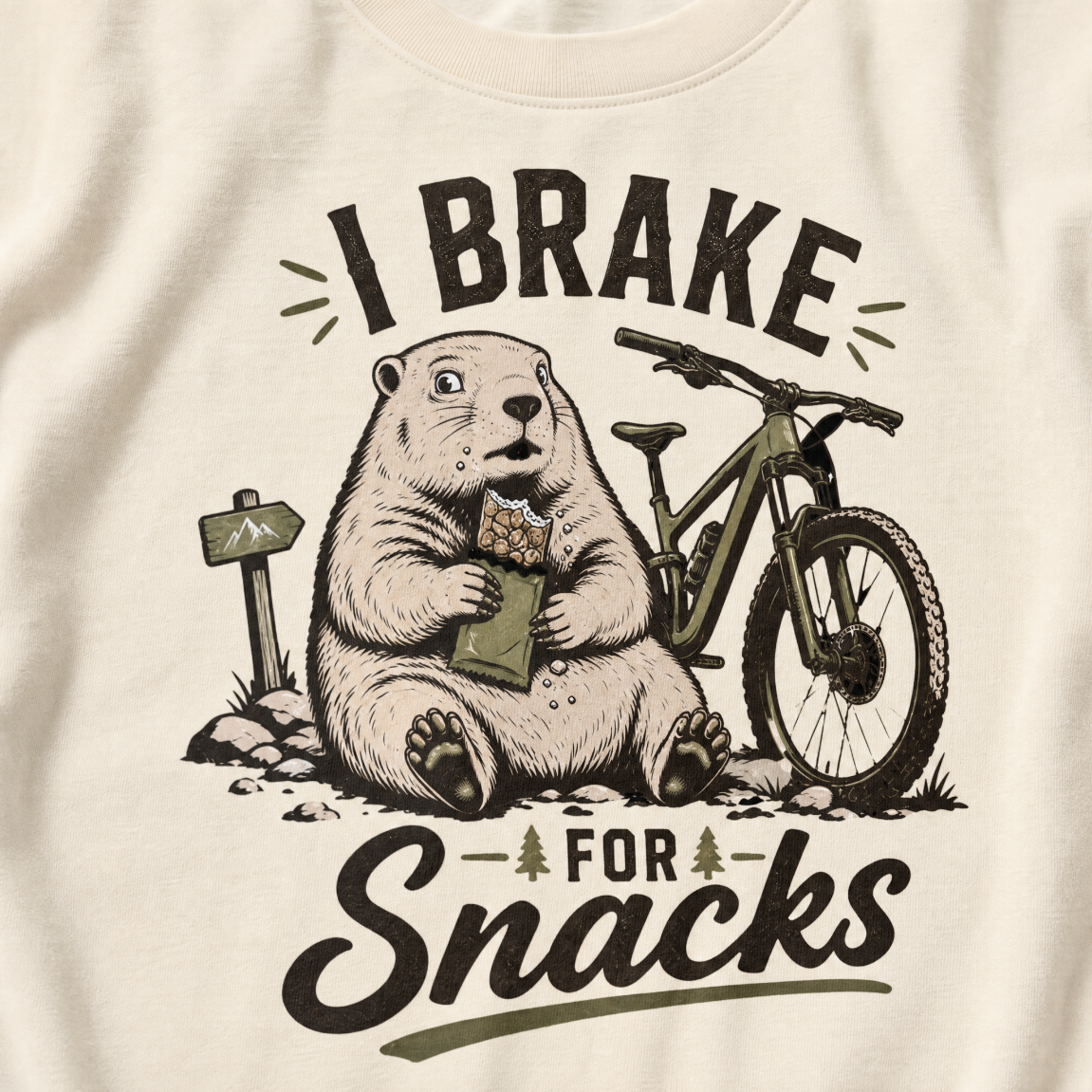 Ivory white t-shirt with a marmot graphic and text 'I Brake for Snacks'.