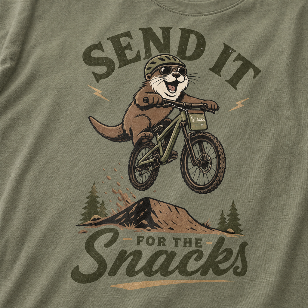 Moss green t-shirt with a graphic of an otter on a bike and text 'Send it for the snacks'.