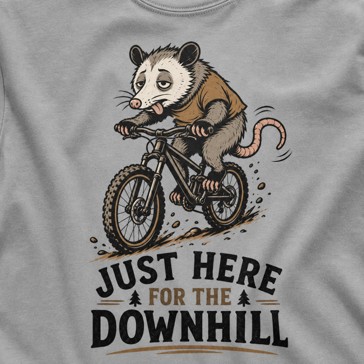 Granite gray t-shirt with an opossum riding a bike graphic and text 'Just Here for the Downhill'.