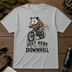 Granite gray t-shirt with an opossum riding a bike graphic and text 'Just Here for the Downhill'.