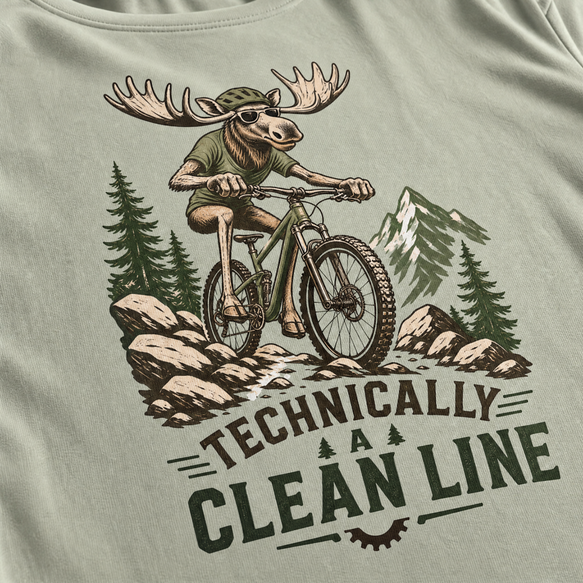 Bay green t-shirt with a graphic of a moose riding a bike and mountains, featuring the text 'Technically A Clean Line'.