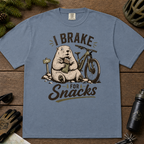 Blue jean colored t-shirt with a marmot graphic and text 'I Brake for Snacks'.