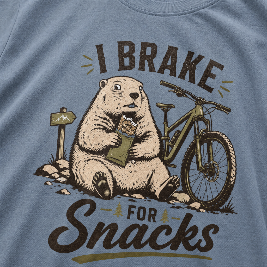 Blue jean colored t-shirt with 'I Brake For Snacks' text and a marmot eating a bar with a mountain bike on the side.
