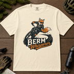 Ivory white t-shirt with a graphic of a fox riding a bike and ' Berm Whisperer'.