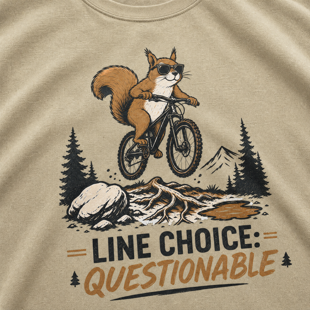 Khaki colored t-shirt with a graphic of a squirrel on a bike and text 'Line Choice: Questionable'.