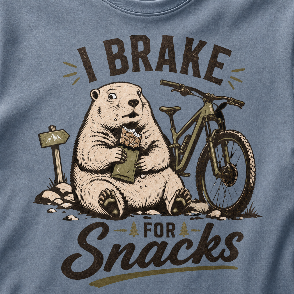 Blue jean colored t-shirt with a marmot graphic and text 'I Brake for Snacks'.